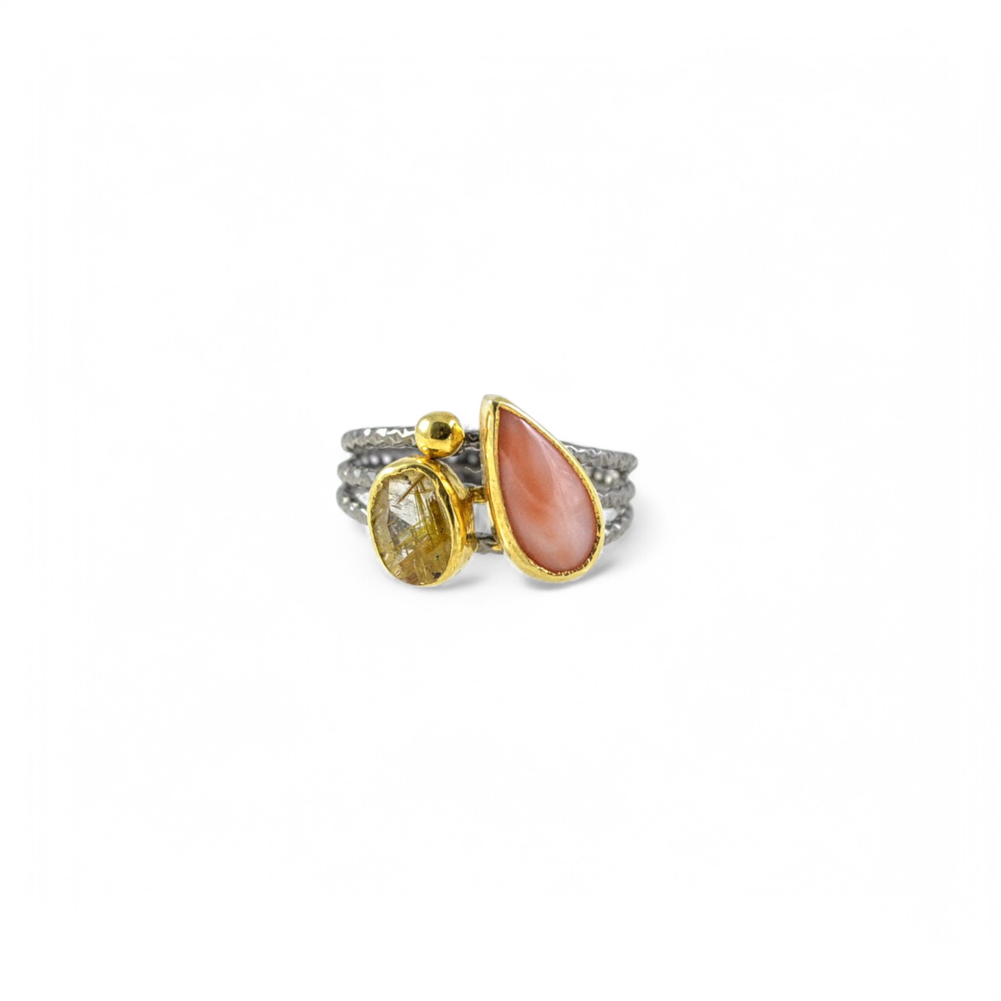 Silver Ring - Coral & Rutilated Quartz